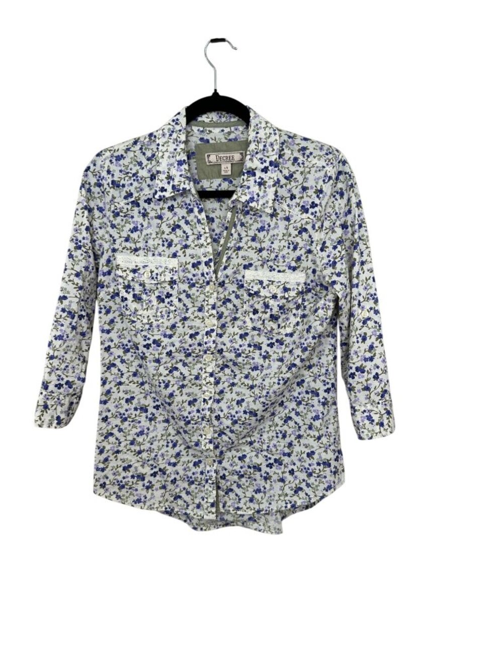 Decree Womens L Blue White Floral Button Up Shirt 3/4 Sleeve Cotton Y2K Boho